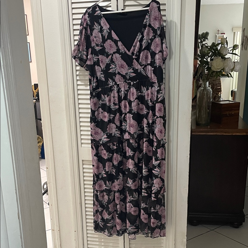 Black Maxi Dress with Lavender Floral Print and V-Neck Wrap